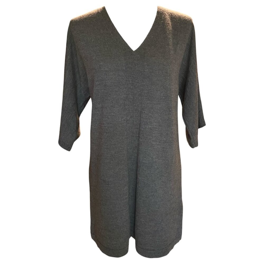Eileen Fisher 100% Merino Wool V-Neck Tunic Sweater Grey Size Small/Petite